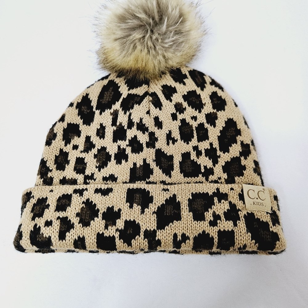 C.C Exclusive Hat Kid's Leopard Cap Warm Soft Pom Pom Beanie